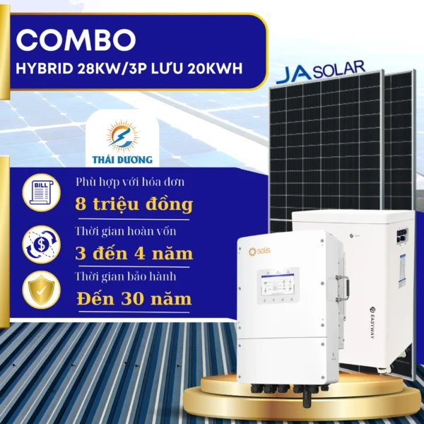 Tiền Điện 8 Triệu/Tháng, Lắp Hệ Thống Hybrid 3 Pha Công Suất 28kWp Lưu Trữ 20kWh